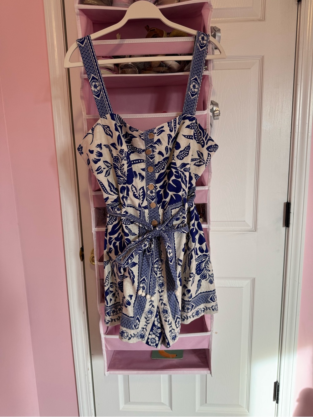 Rachel Zoe Blue and White Printed Smocked Waist romper